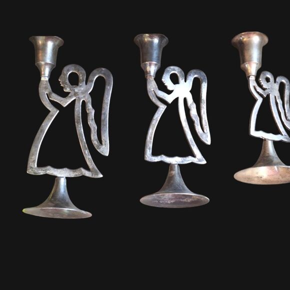 International Silver 3 Angel Candle Sticks Vintage with Patina Not Polished - Picture 12 of 14